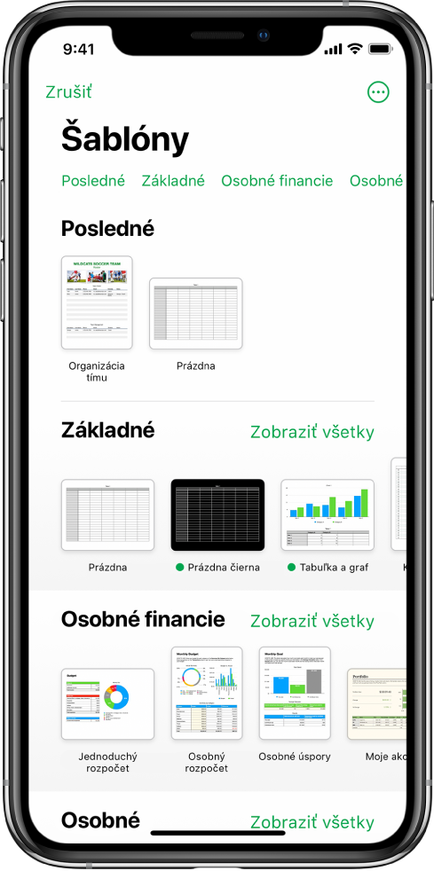 Výber šablón zobrazujúci v hornej časti riadok kategórií, na ktoré môžete klepnúť a filtrovať tak možnosti. Nižšie sú miniatúry preddefinovaných šablón zoradených podľa kategórií do riadkov. Zoznam začína v hornej časti kategóriou Posledné a nasledujú Základné a Osobné financie. V hornej časti napravo od každého riadka kategórie sa zobrazí tlačidlo Zobraziť všetky. Tlačidlo Jazyk a Región sa nachádza v pravom hornom rohu.