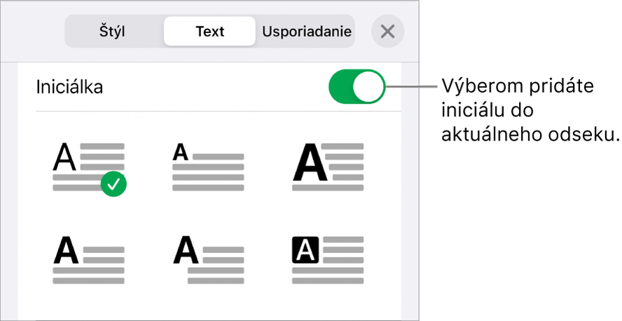 Ovládacie prvky Iniciálka v spodnej časti menu Text.