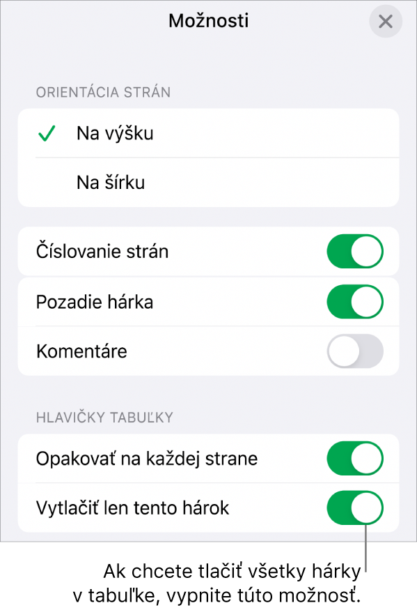 Možnosti tlače na výber orientácie strany, zobrazenie čísel strán a hlavičiek a na výber veľkosti papiera a strán na tlač.