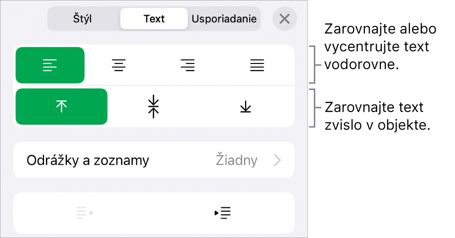 Časť Rozmiestnenie v inšpektorovi formátov s bublinami popisujúcimi tlačidlá zarovnania textu a tlačidlá na nastavenie medzier.