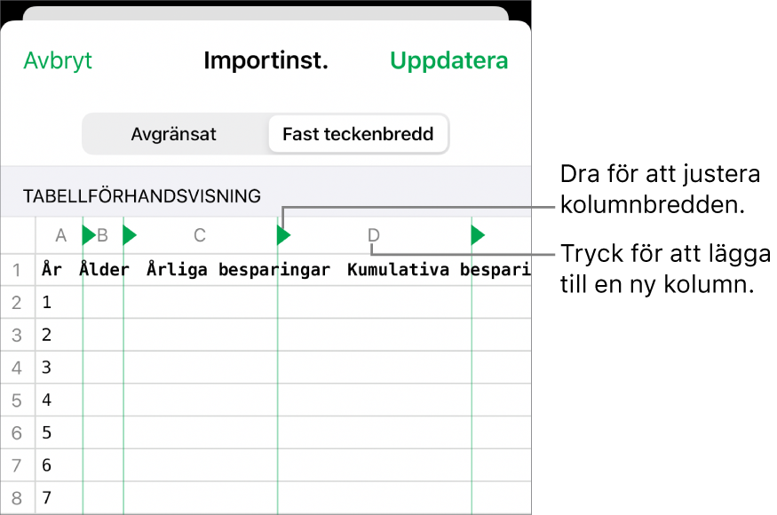 Importinställningar för en textfil med fast teckenbredd.