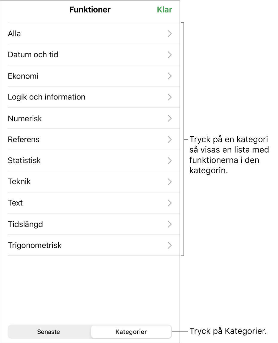 Funktionsbläddraren med en pil som pekar på knappen Kategorier och listan över kategorier.