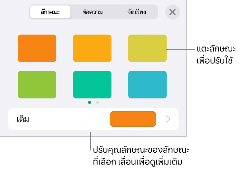 แถบลักษณะของปุ่มรูปแบบที่มีลักษณะรูปร่างหกลักษณะและมีตัวควบคุมการเติมอยู่ด้านล่าง