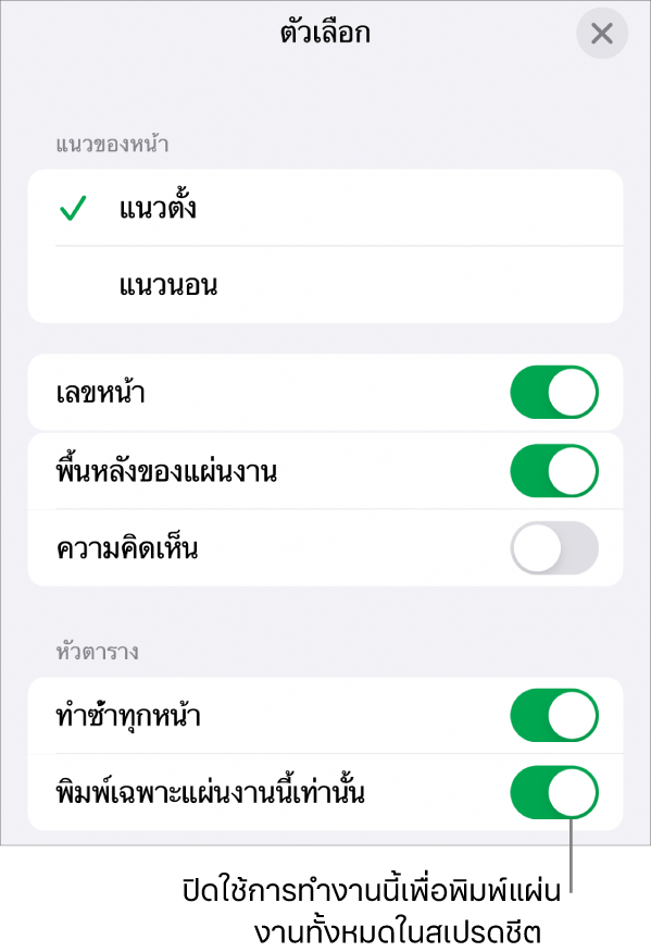 ตัวเลือกการพิมพ์สำหรับเลือกแนวของหน้า แสดงเลขหน้าและหัวตาราง และเลือกขนาดกระดาษและหน้าที่จะพิมพ์