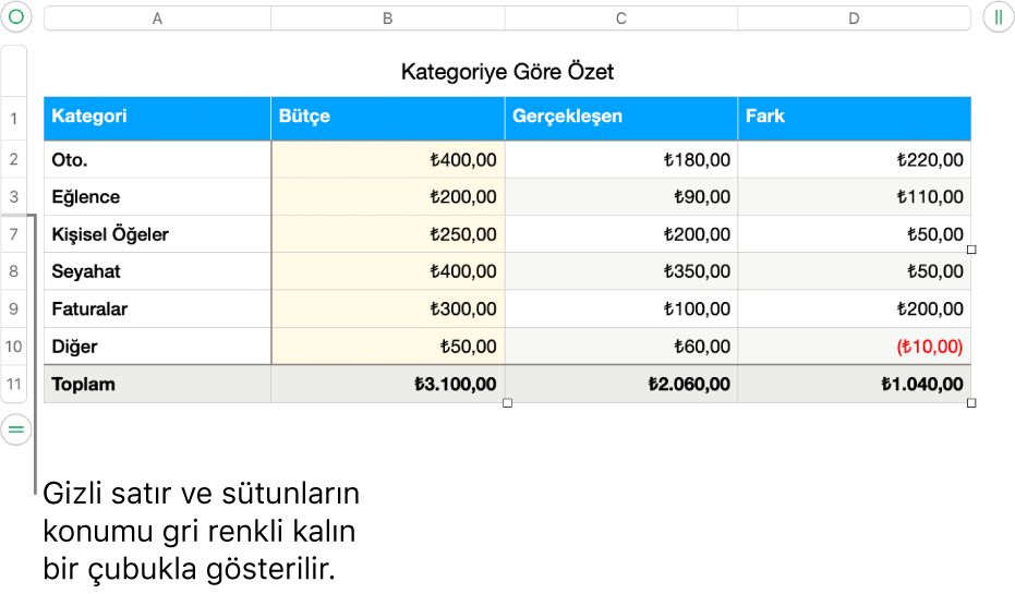Gizli satırların ve sütunların yerini gösteren kalın gri bir çubuk