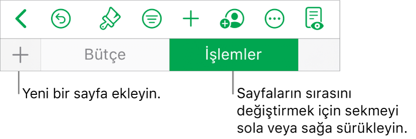 Yeni sayfa ekleme, sayfalar arasında dolaşma, sayfaların sırasını değiştirme ve sayfaları yeniden düzenleme için sekme çubuğu.