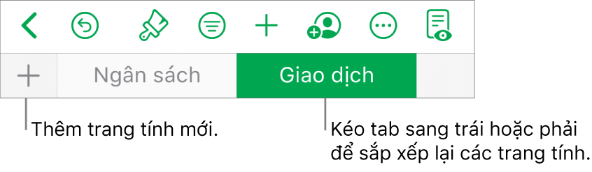 Thanh tab để thêm trang tính mới, điều hướng, sắp xếp lại vị trí và tổ chức lại trang tính.