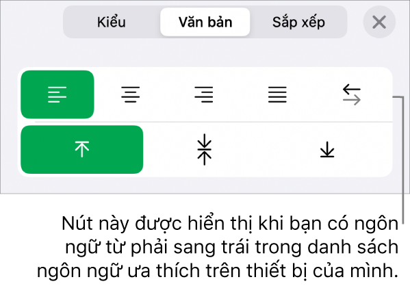 Phần Kiểu của menu Định dạng với chỉ thị đến các nút Phải sang trái.