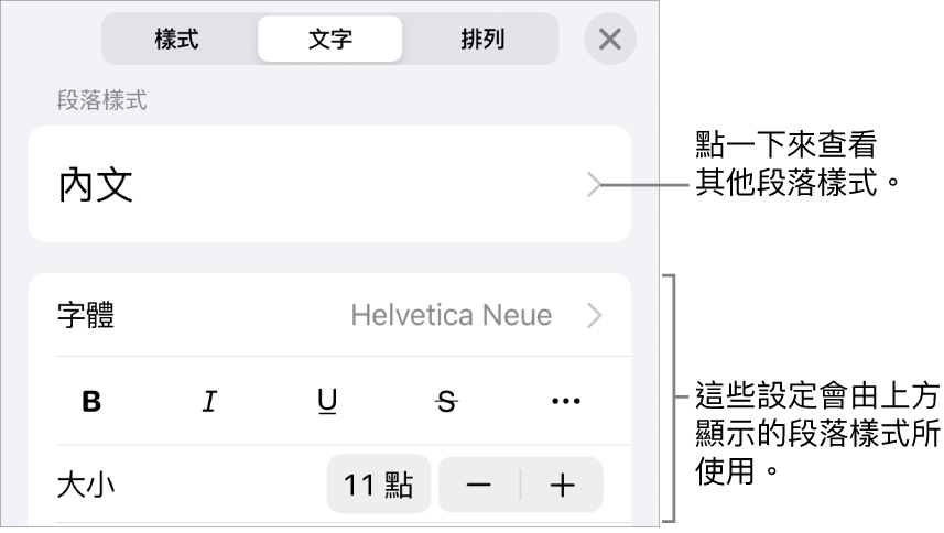 「格式」選單中顯示用於設定段落及字元樣式、字體、大小和顏色的文字控制項目。