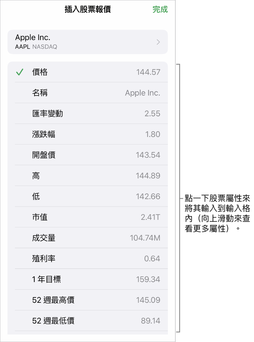 股票報價彈出式項目，股票名稱位於頂端，而可選取的股票屬性包含價格、名稱、匯率變動、漲跌幅和開盤價則列於底部。