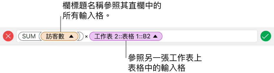 顯示公式的「公式編輯器」，其參照一個表格中的直欄與另一個表格中的輸入格。