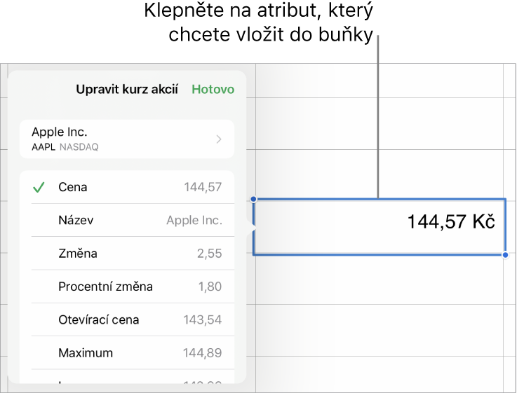Překryvné okno kurzu akcií; v němž je nahoře vidět název akciového titulu a pod ním atributy akcií, které můžete vybrat – cena, název, změna, procentní změna, otvírací cena a nejvyšší cena