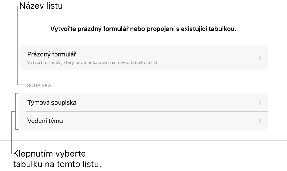 Seznam tabulek ze stejného tabulkového dokumentu, přičemž jako první je uvedena volba pro vytvoření prázdného formuláře