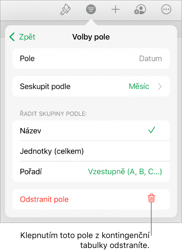 Nabídka „Volby pole“ zobrazující ovládací prvky pro seskupení a řazení dat a také volbu pro odstranění polí.