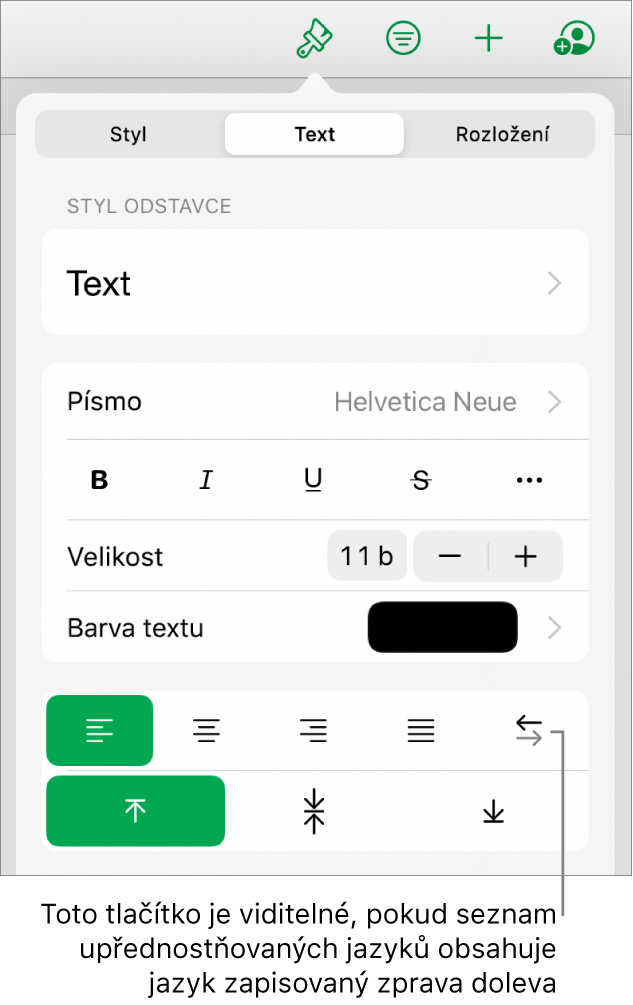 Oddíl Styl v nabídce Formát s popiskem tlačítka Zprava doleva