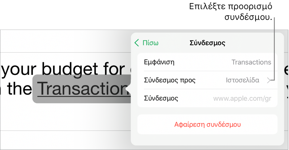 Τα χειριστήρια «Ρυθμίσεις συνδέσμου» με πεδία για «Προβολή», «Σύνδεσμος προς» (με επιλεγμένη την «Ιστοσελίδα») και «Σύνδεσμος». Στο κάτω μέρος υπάρχει το κουμπί «Αφαίρεση συνδέσμου».