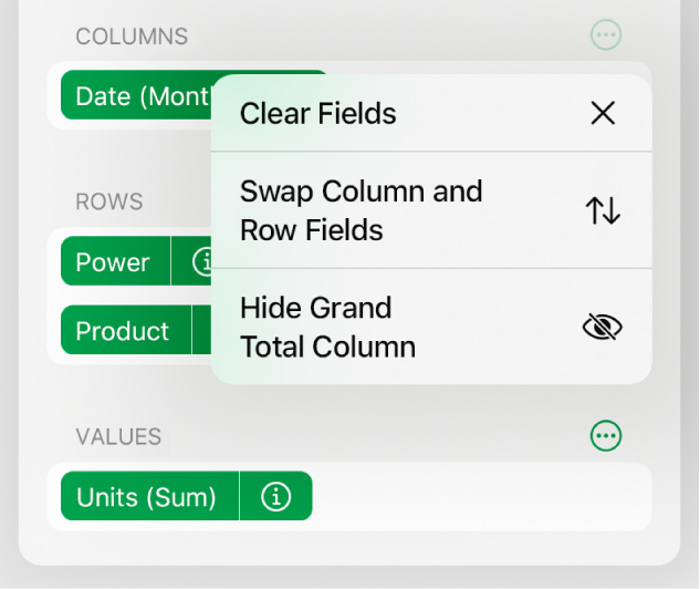 The More Field Options menu, showing the controls to hide grand totals, swap column and row fields and clear fields.