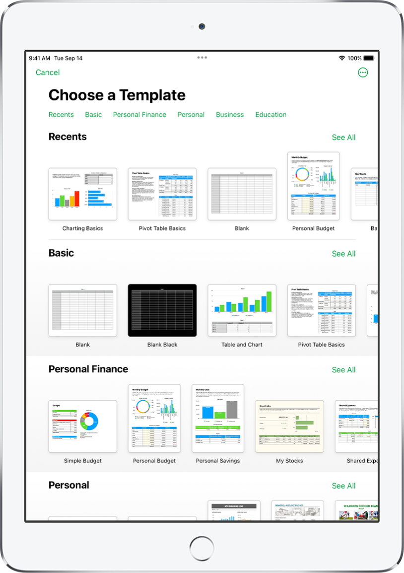 The template chooser, showing a row of categories across the top that you can tap to filter the options. Below are thumbnails of predesigned templates arranged in rows by category, starting with Recents at the top and followed by Basic and Personal Finance. A See All button appears above and to the right of each category row. The Language and Region button is in the top-right corner.