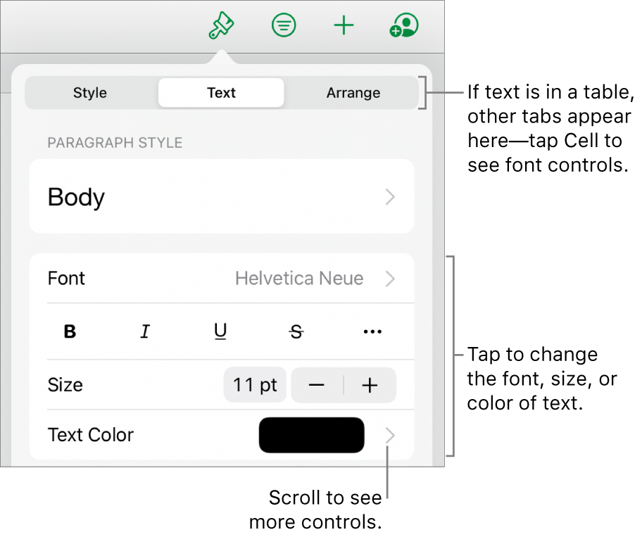 Text controls in the Format menu for setting paragraph and character styles, font, size, and color.