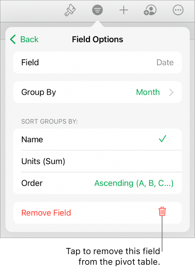 The Field Options menu, showing the controls for grouping and sorting data, as well as the option to remove a field.