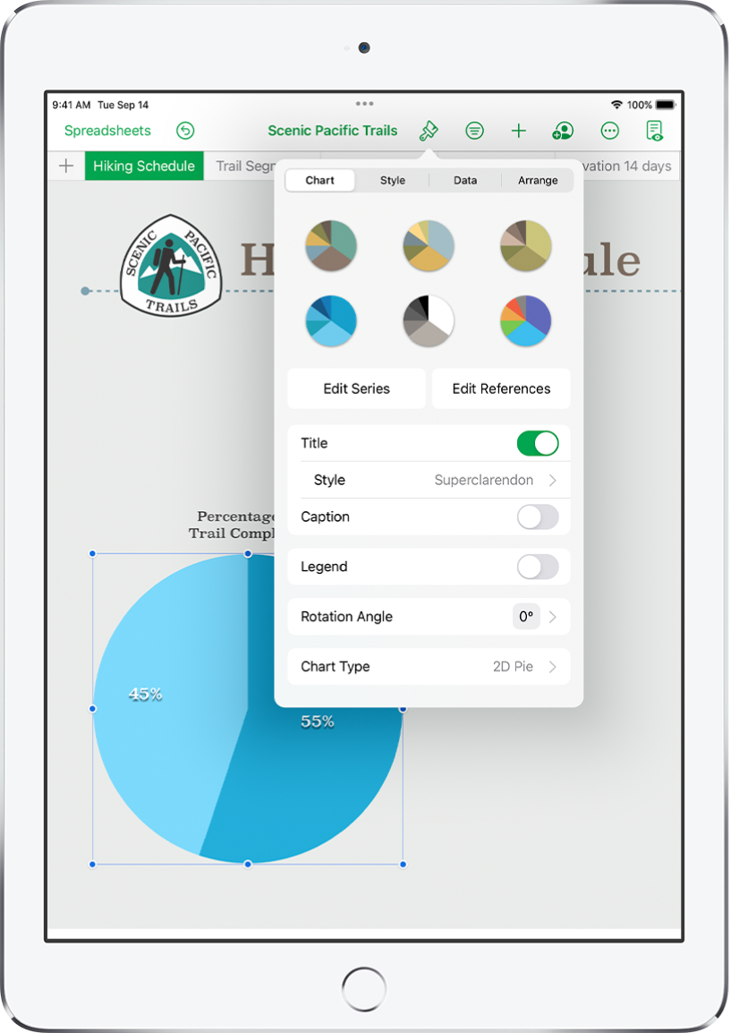 A pie chart showing percentages of trails completed. The Format menu is also open, showing different chart styles to choose from, as well as options to edit the series or chart references, turn the chart title or legend on or off, adjust the rotation angle of the chart, and change the chart type.