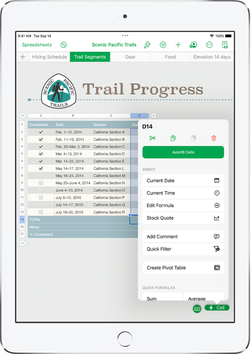 A spreadsheet showing a table of trails hiked and the distance of each trail. The Cell Action menu is open, showing options to add formulas, dates, comments, and filters.