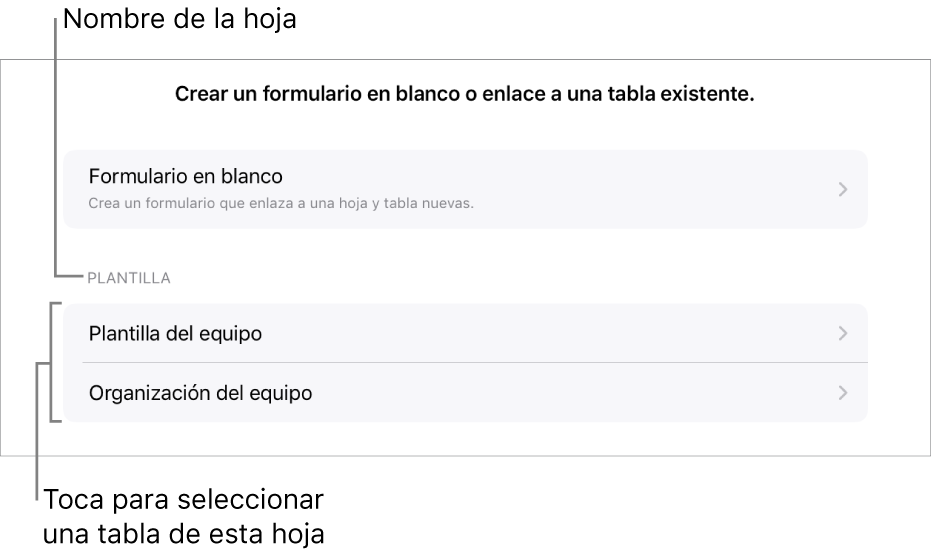 Una lista de tablas que están en la misma hoja de cálculo, con la opción de crear un formulario en blanco en la parte superior.