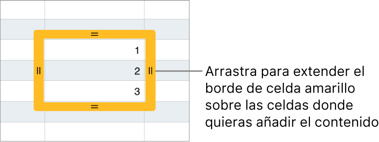 Una celda seleccionada con un borde amarillo grande que puedes arrastrar para que las celdas se autorrellenen.