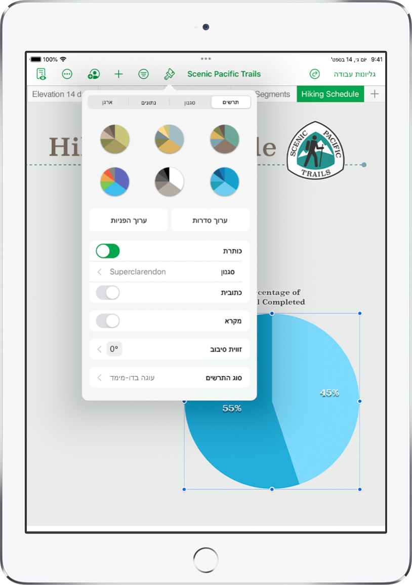 תרשים עוגה המציג אחוזים של מסלולים שהושלמו. התפריט ״עיצוב״ פתוח גם הוא, ומציג סגנונות תרשים שונים לבחירה, כמו גם אפשרויות לעריכת הסדרות או ההפניות לתאים, להפעלה או ביטול של שם התרשים או המקרא, לשינוי זווית הסיבוב של התרשים ולשינוי סוג התרשים.