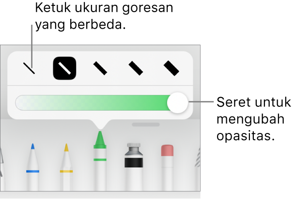 Kontrol untuk memilih ukuran coretan dan penggeser untuk menyesuaikan opasitas.