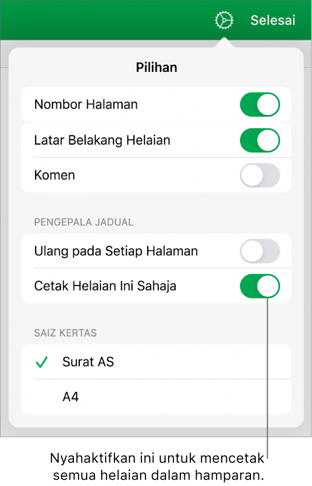 Anak tetingkap pratonton cetak, dengan kawalan untuk menunjukkan nombor halaman, pengepala berulang pada setiap halaman, menukar saiz kertas dan memilih untuk mencetak keseluruhan halaman atau hanya helaian semasa.