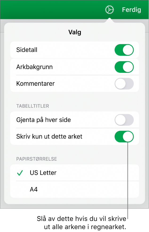 Utskriftsforhåndsvisning-panelet, med kontroller for å vise sidetall, gjenta tittelceller på hver side, endre papirstørrelse og valg for å skrive ut hele regnearket eller bare gjeldende ark.