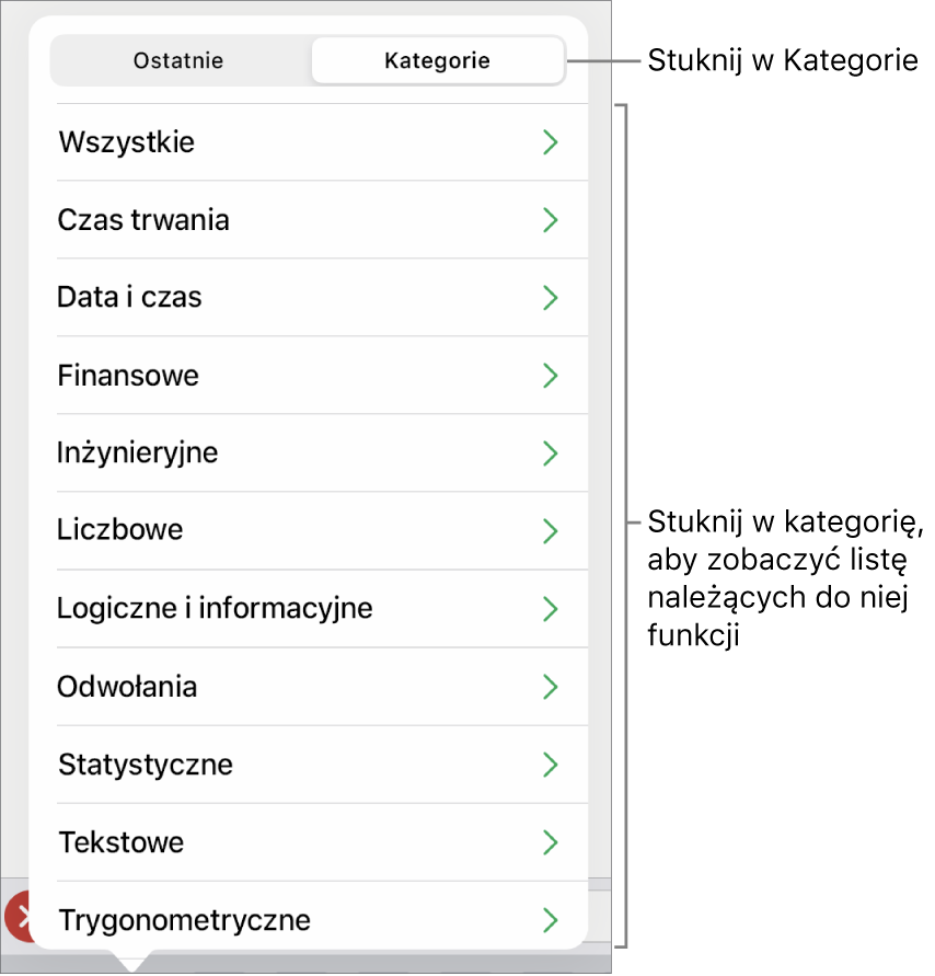 Przeglądarka funkcji z objaśnieniem wskazującym przycisk Kategorie oraz listą kategorii.