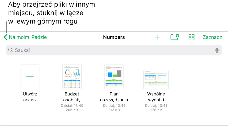 Widok przeglądarki menedżera arkuszy kalkulacyjnych z łączem położenia w lewym górnym rogu, a pod nim pole wyszukiwania. W prawym górnym rogu znajduje się przycisk Dodaj arkusz, przycisk Nowy folder, menu podręczne do przełączania między widokiem listy i widokiem ikon oraz do sortowania według nazw, dat, wielkości, rodzajów i tagów, a także przycisk Zaznacz. Poniżej widoczne są miniaturki istniejących arkuszy.