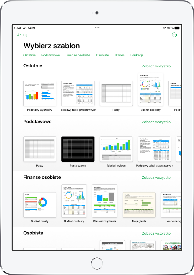 Paleta szablonów z widocznym na górze wierszem kategorii, w które możesz stuknąć, aby filtrować dostępne szablony. Poniżej widoczne są miniaturki gotowych szablonów uporządkowane wierszami według kategorii, zaczynając od widocznej na górze kategorii Ostatnie, po której następuje kategoria Podstawowe oraz kategoria Finanse osobiste. Po prawej stronie nad każdym wierszem kategorii widoczny jest przycisk Zobacz wszystkie. W prawym górnym rogu widoczny jest przycisk Język i region.