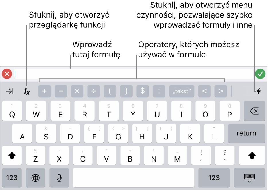 Klawiatura formuł z widocznym u góry edytorem formuł oraz widocznymi poniżej operatorami używanymi w formułach. Przycisk Funkcje, otwierający przeglądarkę funkcji, znajduje się po lewej stronie operatorów, a przycisk Czynności widoczny jest po prawej.