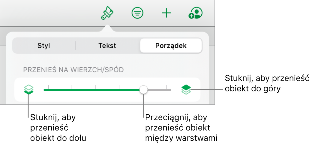 Przycisk przenoszenia niżej, przycisk przenoszenia wyżej i suwak warstw.