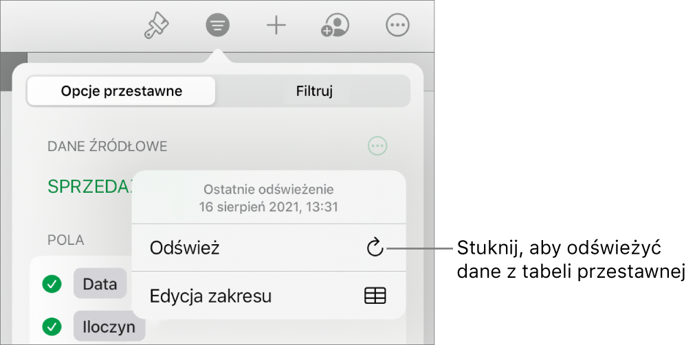 Karta Opcje przestawne pokazująca opcje odświeżania tabeli przestawnej.