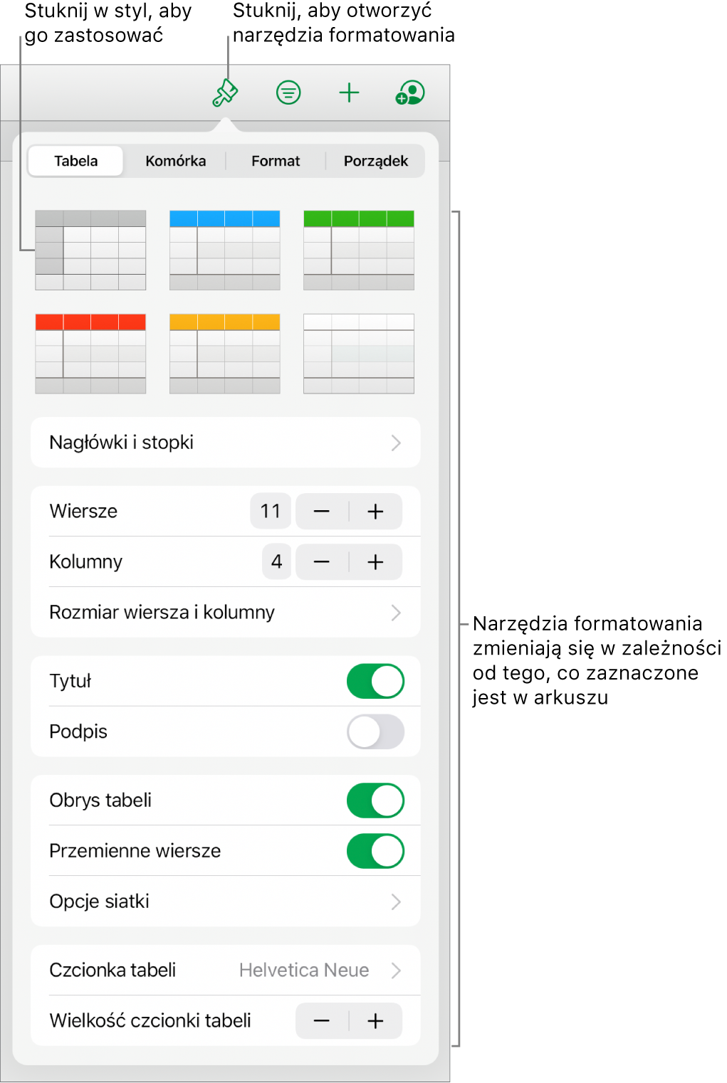 Panel Tabela na pasku bocznym Format.