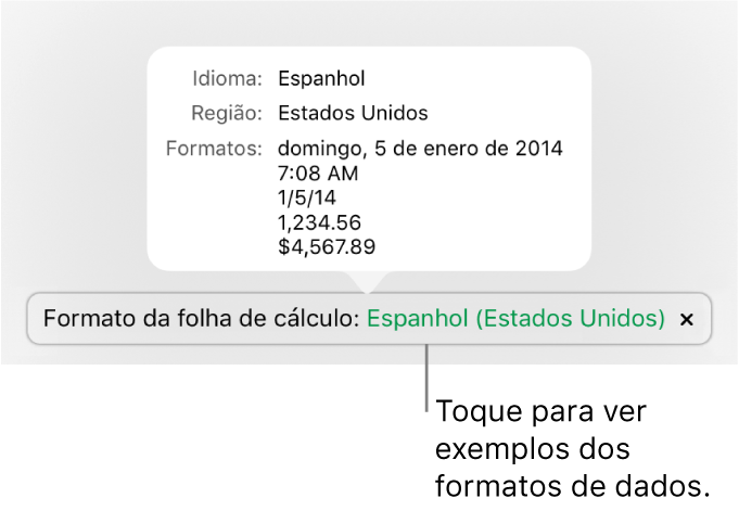 A notificação da definição diferente do idioma e região, apresentando exemplos da formatação nesse idioma e região.