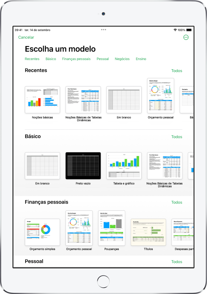 A lista de modelos com uma linha de categorias visível na parte superior, na qual é possível tocar para filtrar as opções. Por baixo estão visíveis miniaturas de modelos preconcebidos organizados em linhas por categoria, que começam por Recentes na parte superior e Básico e “Finanças pessoais” posteriormente. Surge um botão “Ver tudo” por cima e à direita de cada linha da categoria. O botão “Idioma e região” no canto superior direito.