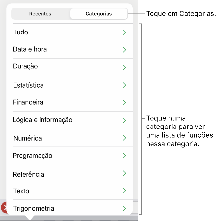 O navegador de funções com uma chamada para o botão Categorias e a lista de categorias.