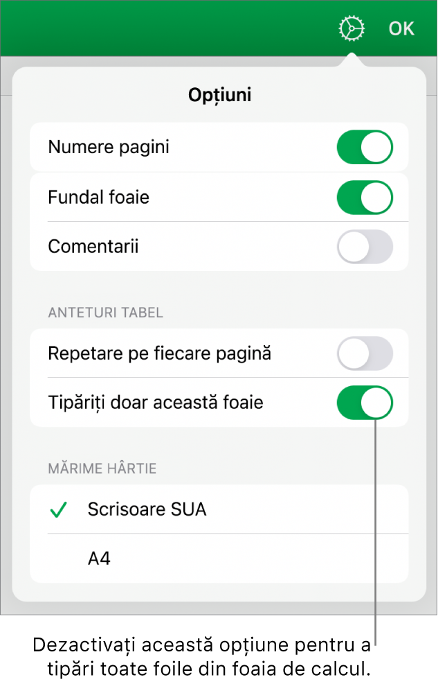 Panoul de previzualizare tipărire, cu comenzi pentru a afișa numerele paginilor, a repeta anteturile pe fiecare pagină, a modifica dimensiunea hârtiei sau a alege dacă să tipăriți întreaga foaie de calcul sau doar foaia curentă.