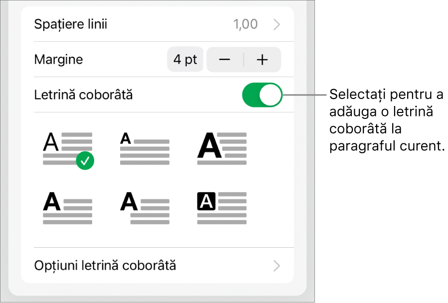 Comenzile Letrină coborâtă situate în partea de jos a meniului Text.