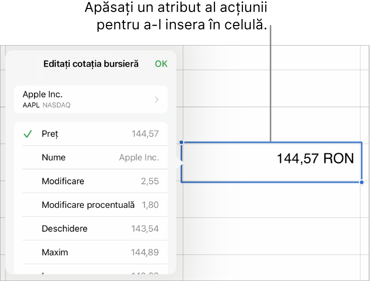 Pop-overul cotației bursiere, cu numele acțiunii în partea de sus și atributele selectabile ale acțiunii, incluzând prețul, numele, modificarea, modificarea procentuală, prețul de deschidere și prețul cel mai mare mai jos.