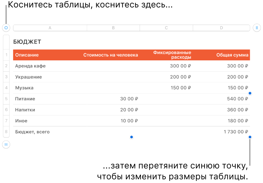 Выбранная таблица с синими точками для изменения размера.