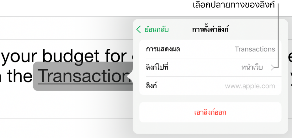 ตัวควบคุมการตั้งค่าลิงก์โดยมีช่องต่างๆ สำหรับการแสดงผล ลิงก์ไปที่ (หน้าเว็บถูกเลือกอยู่) และลิงก์ ปุ่มเอาลิงก์ออกอยู่ด้านล่างสุด