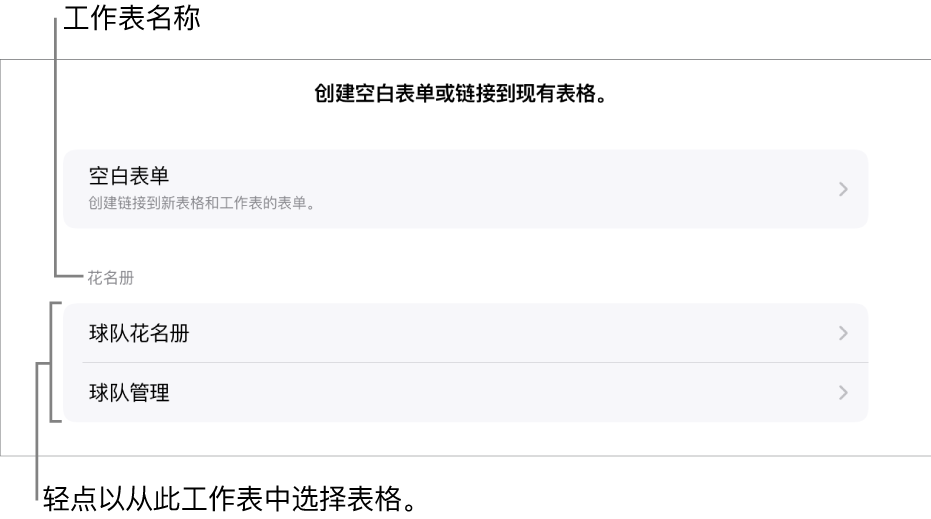位于同一个电子表格中的表格列表,顶部的选项用于创建空白表单。