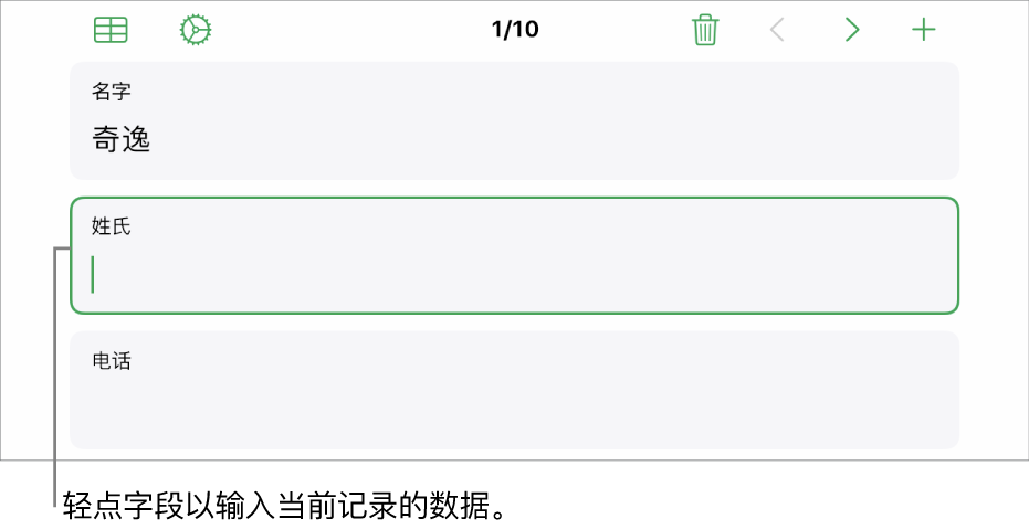 表单中的记录显示带插入点的活跃字段。