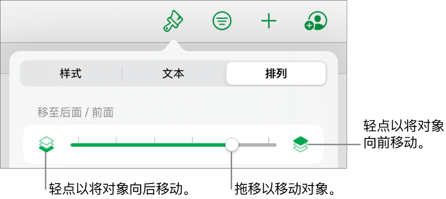 “后移”按钮、“前移”按钮和叠层滑块。